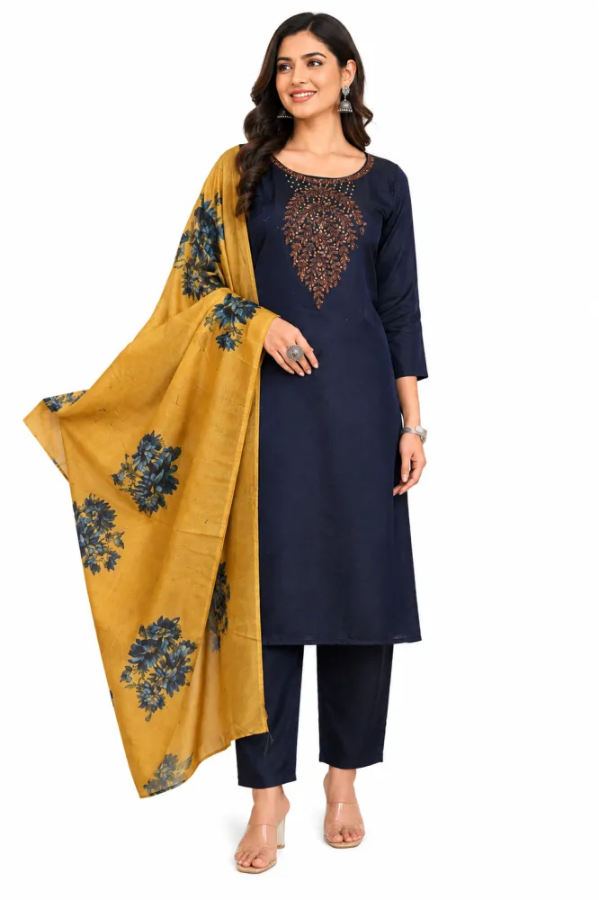 Women's Navy Blue Chinnon Embroidered Kurta Pant Dupatta Set