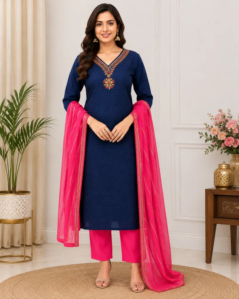 Embroidered Navy Blue Kurta Pant Dupatta Set for Women | 3 Piece Ethnic Wear