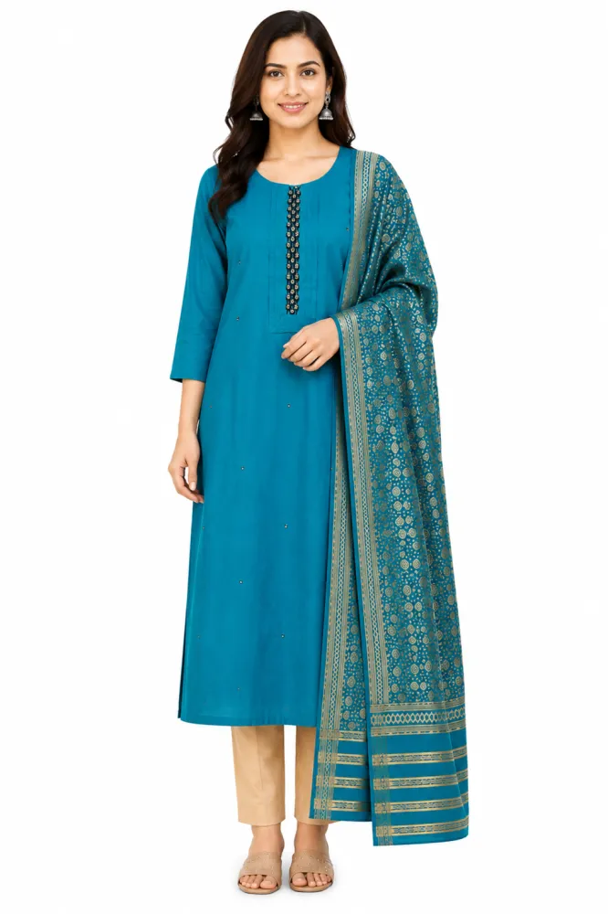 Glass Tissue Teal Blue Embroidered Kurta Pant Dupatta Set for Women | 3 Piece Ethnic Wear