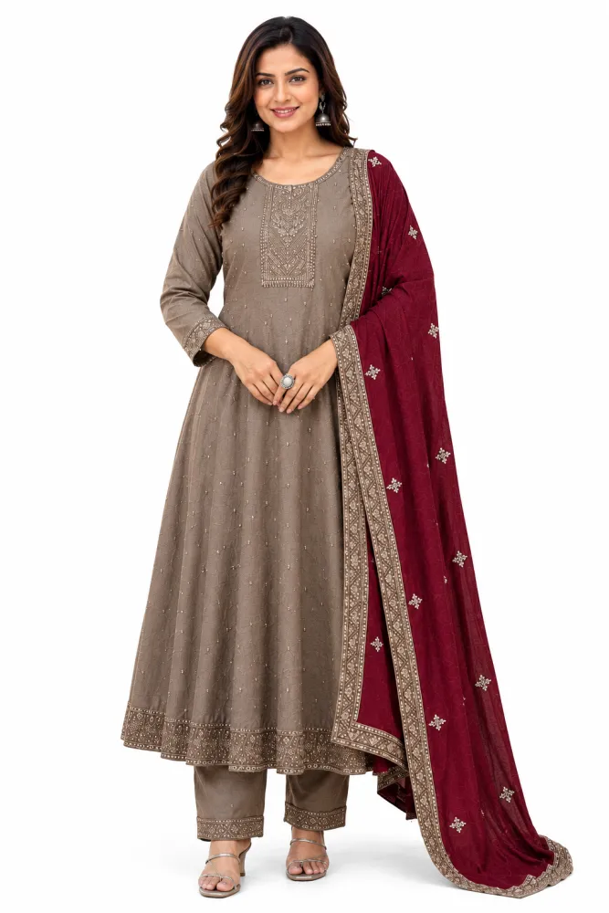 Chinnon Embroidered Kurta Set Taupe Wine Dupatta