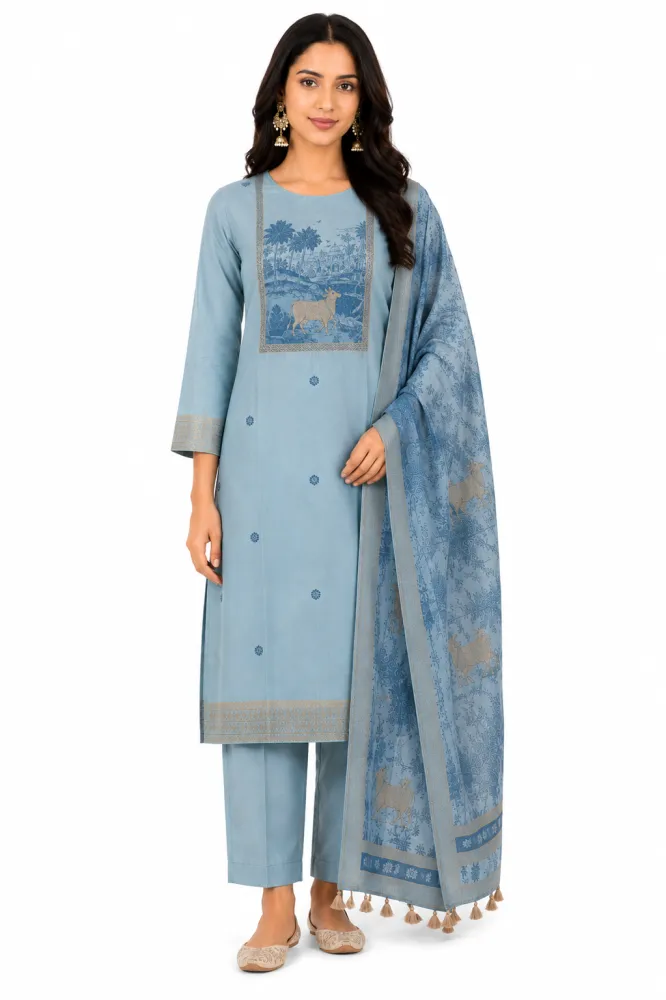 Blue Jamdani Kurta Pant Set with Printed Dupatta for Women