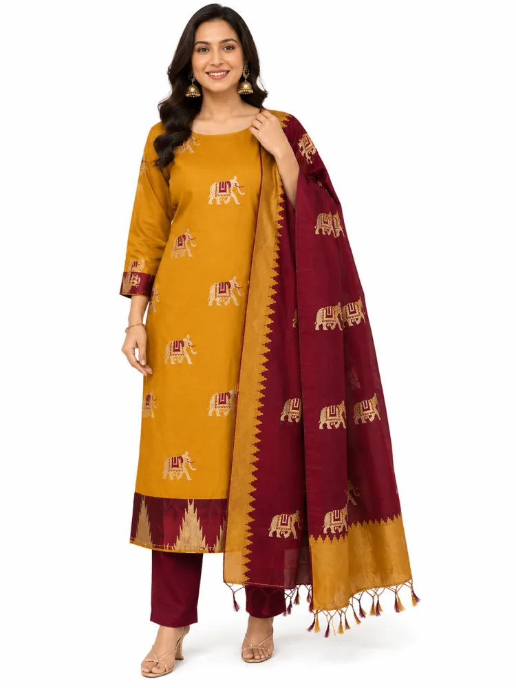 Pattu Silk Mustard Maroon Kurta Set with Dupatta for Women