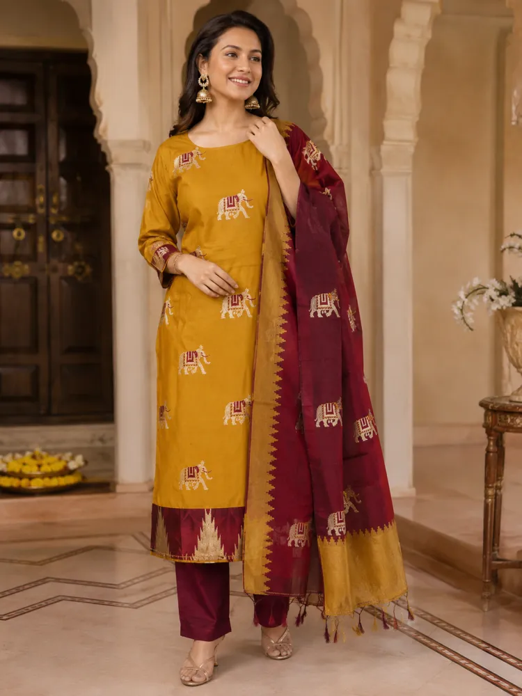 Pattu Silk Mustard Maroon Kurta Set with Dupatta for Women
