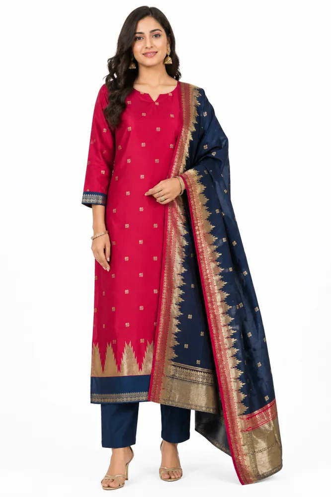 Pattu Silk Kurta Pant Dupatta Set Pink Navy M-XXL