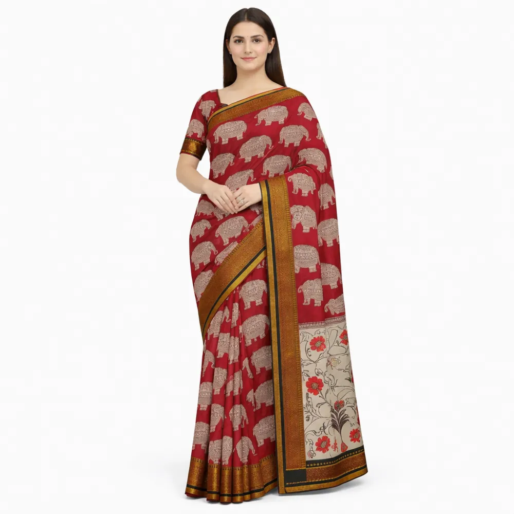 Pure Handloom Chennuri Kalamkari Nizam Silk Saree â€“ Royal Red with Elephant Motifs