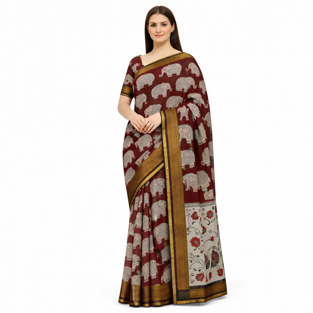 Pure Handloom Chennuri Kalamkari Nizam Silk Saree â€“ Chocolate Brown with Elephant Motifs