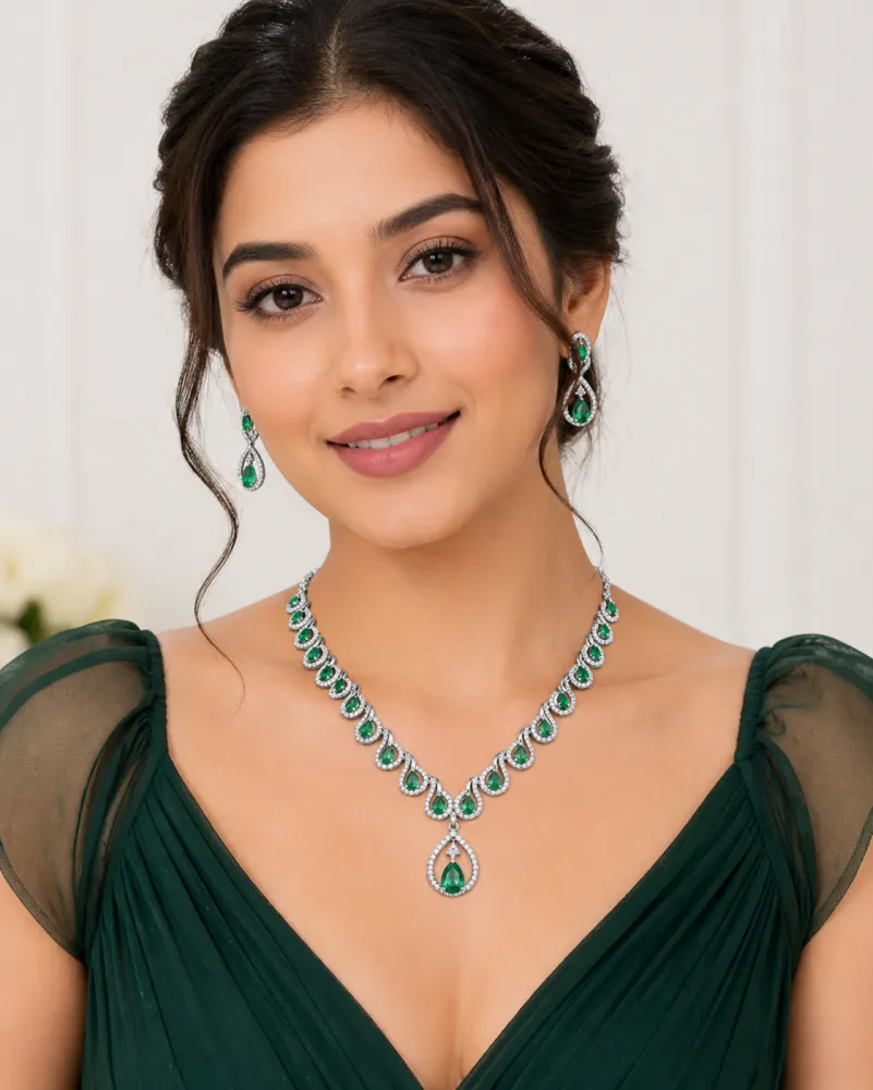 Silver Plated Emerald Green AD Stone Necklace Set with Matching Drop Earrings