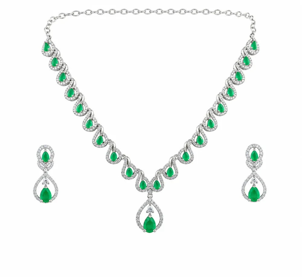 Silver Plated Emerald Green AD Stone Necklace Set with Matching Drop Earrings