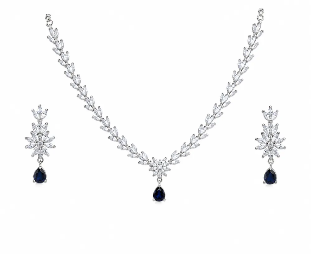 Silver Plated Blue Sapphire AD Stone Necklace Set with Floral Pendant & Matching Earrings