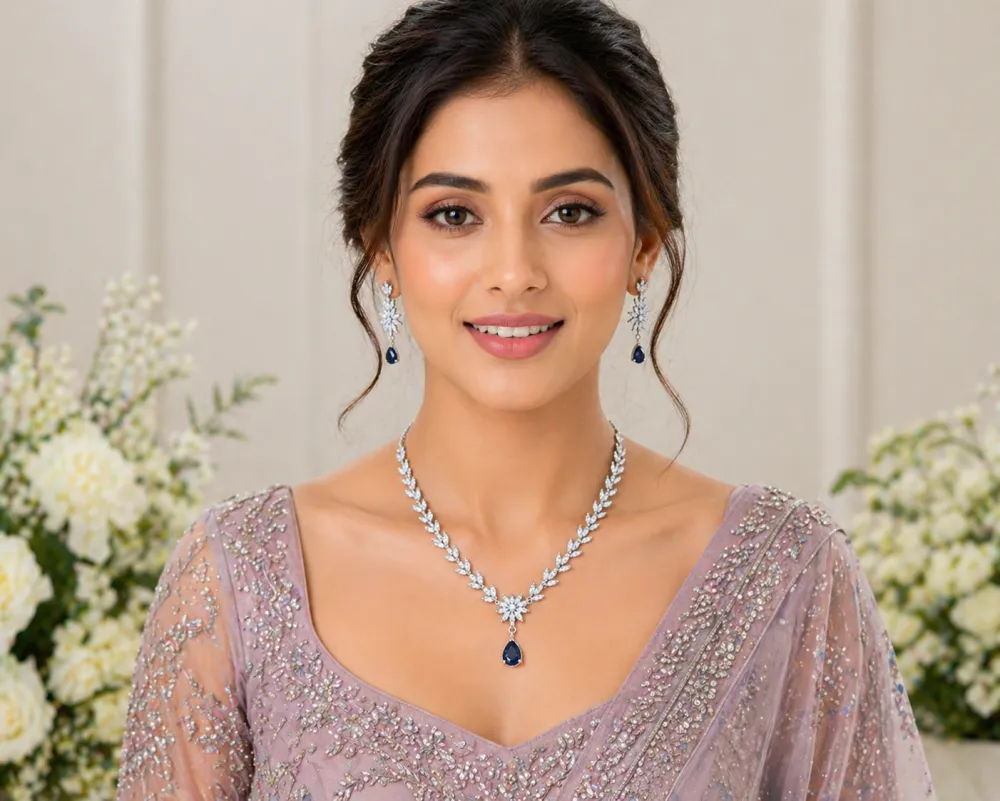 Silver Plated Blue Sapphire AD Stone Necklace Set with Floral Pendant & Matching Earrings