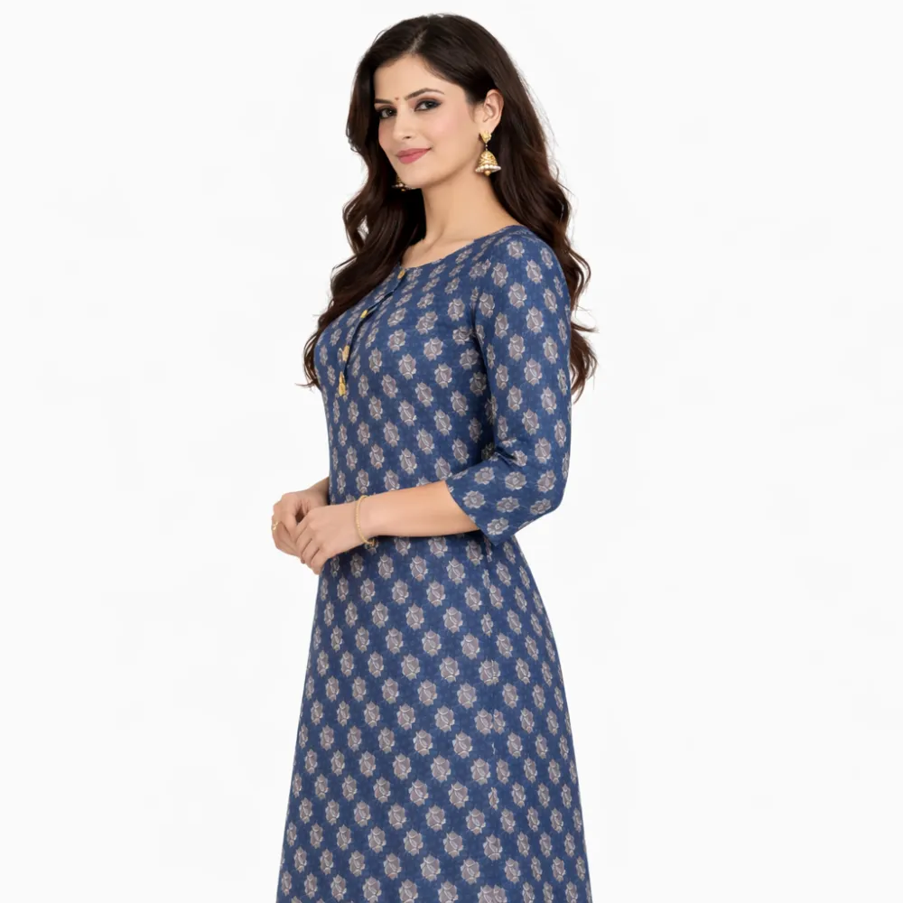 Women's Blue Printed Cotton Short Kurti | Above Knee Length | Casual Everyday Wear