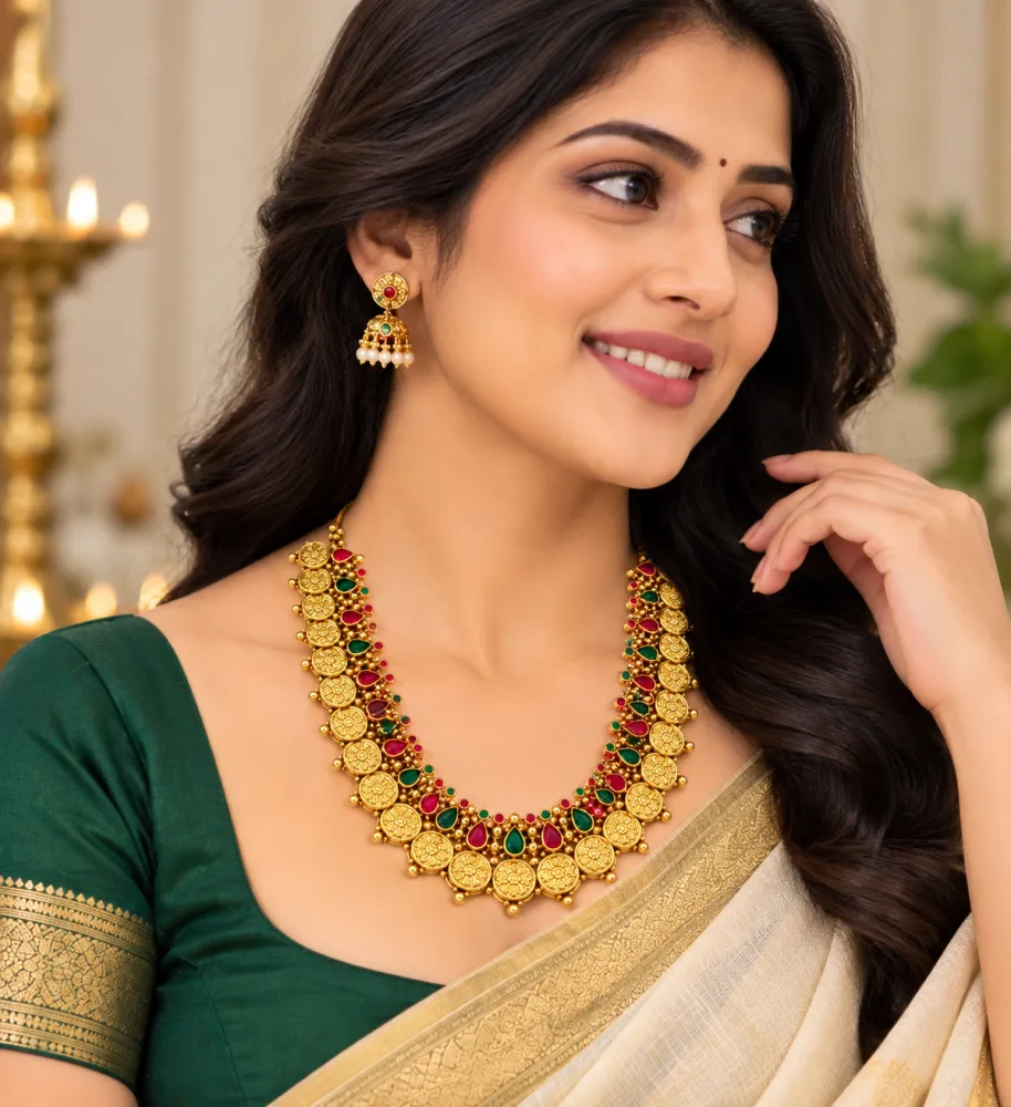 Traditional Coin Design Adjustable Neck Ornament with Multicolour Stone Details