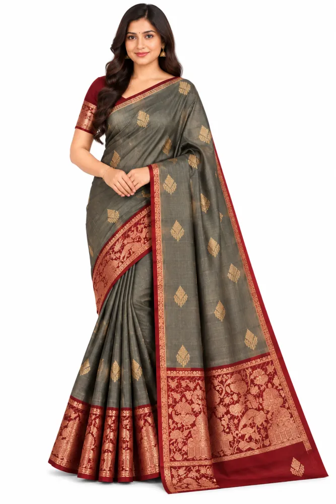 Kanchi Pattu Saree with Gold Buti & Maroon Zari Border