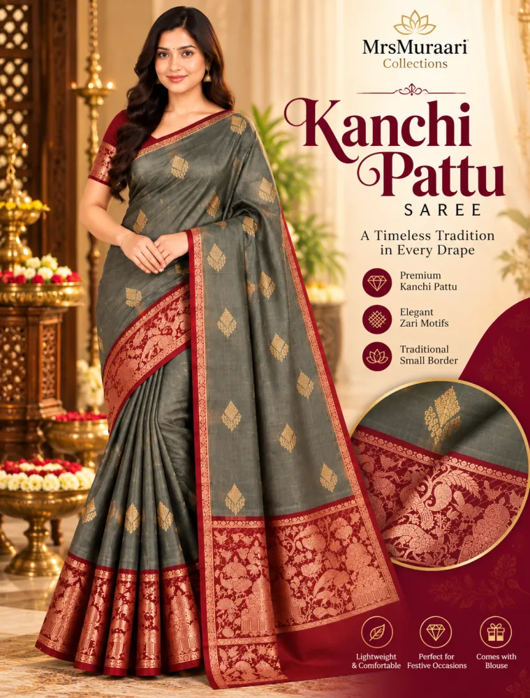 Kanchi Pattu Saree with Gold Buti & Maroon Zari Border