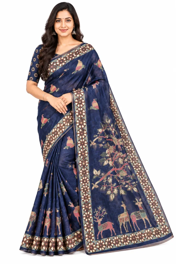 Navy Blue Chanderi Linen Saree with Woven Border