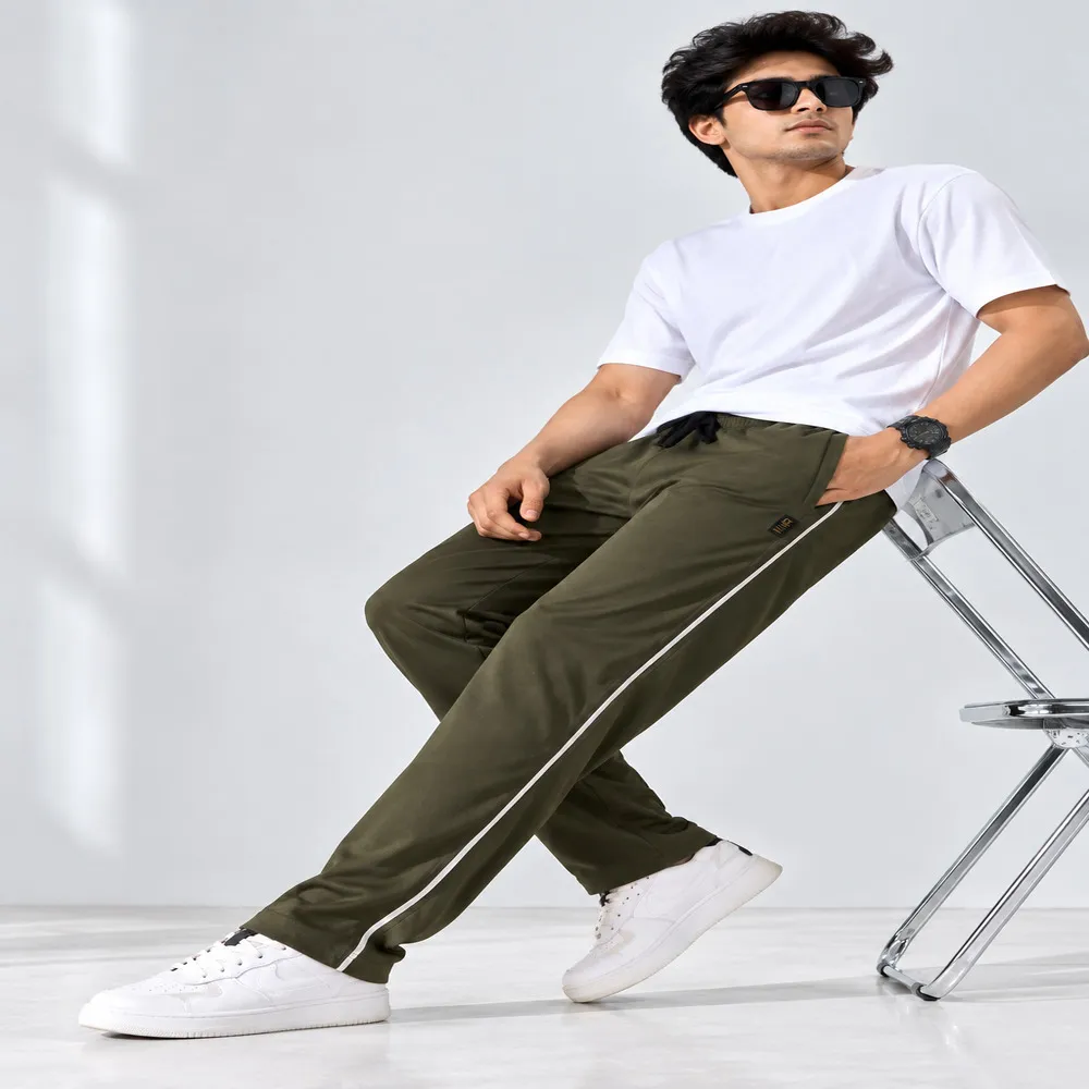 Men's Olive Cotton Striped Full-Length Track Pant