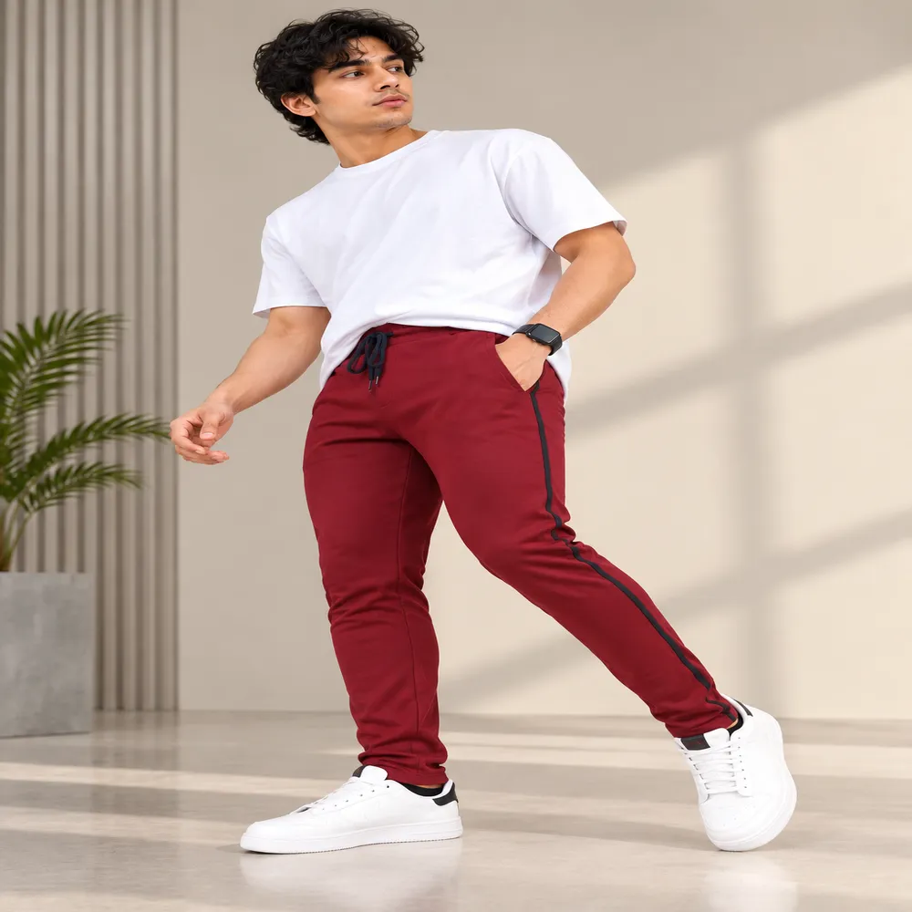 Men's Maroon Cotton Striped Full-Length Track Pant