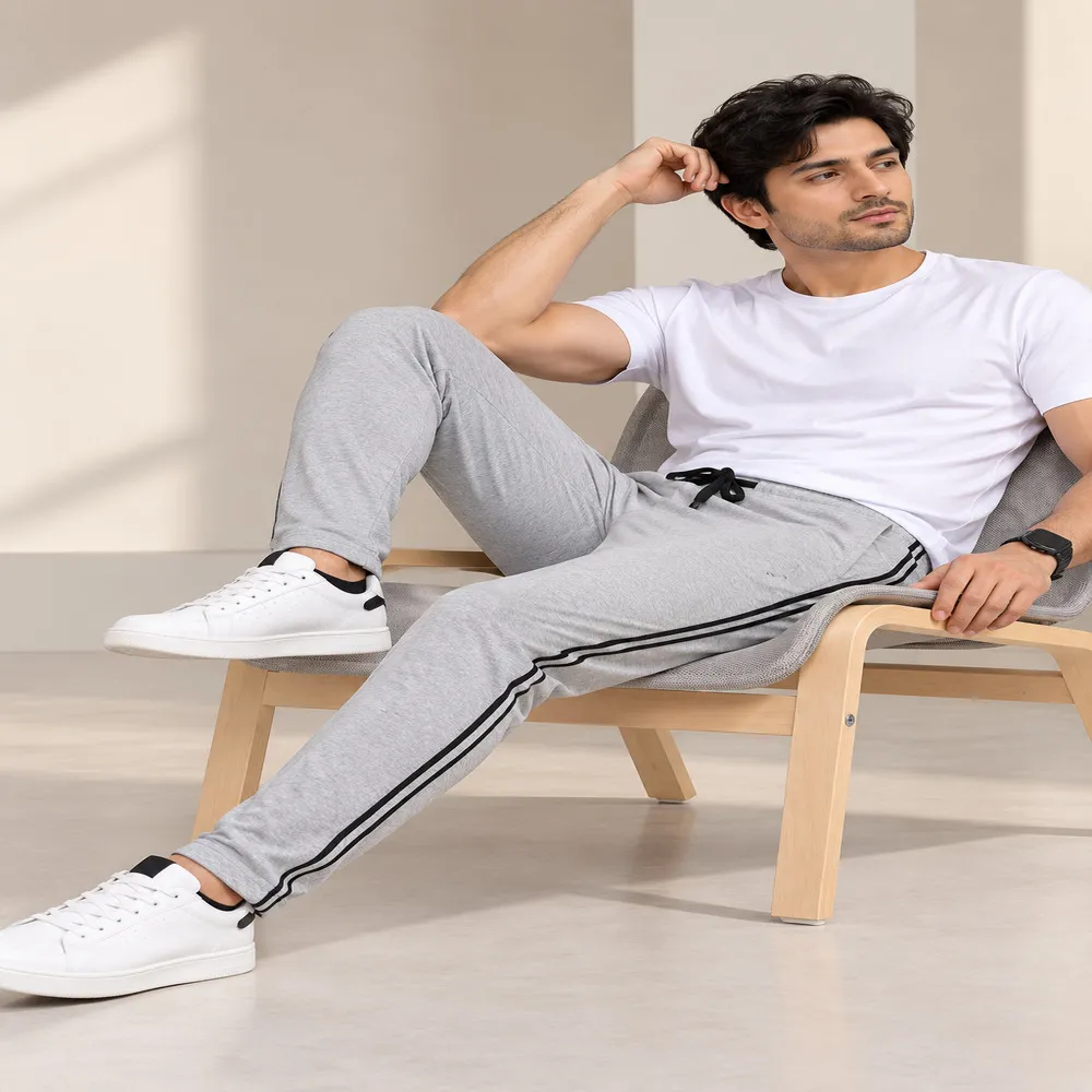 Men's Grey melange Cotton Striped Full-Length Track Pant