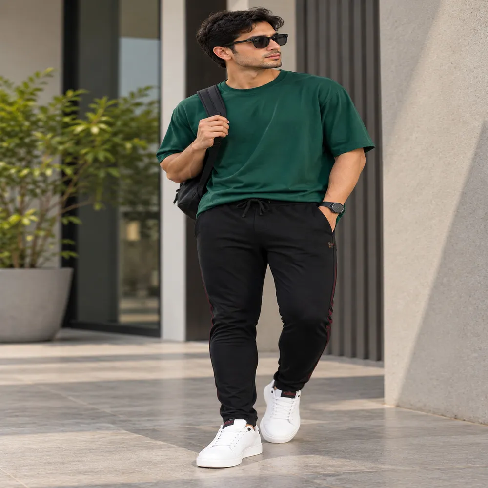 Men's Black Cotton Striped Full-Length Track Pant