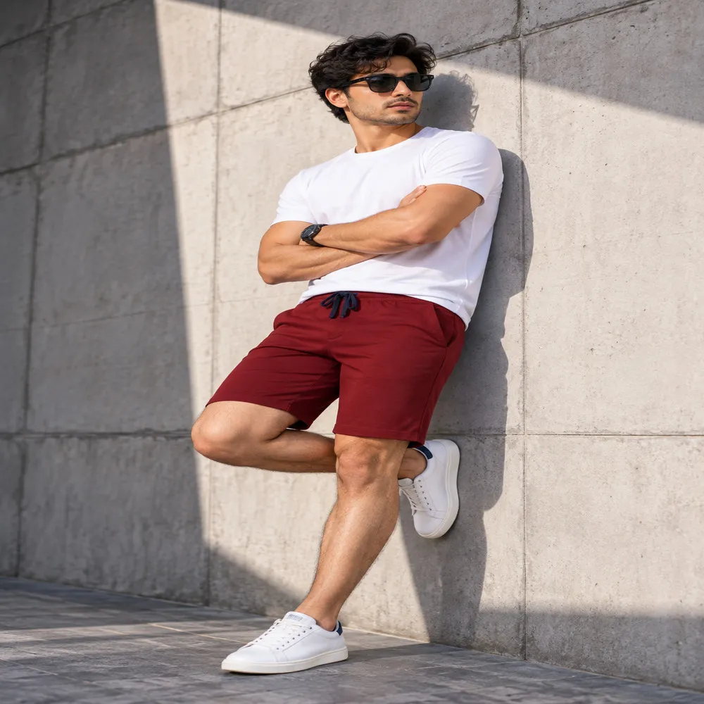 Men's Maroon Cotton Striped Above-Knee Shorts
