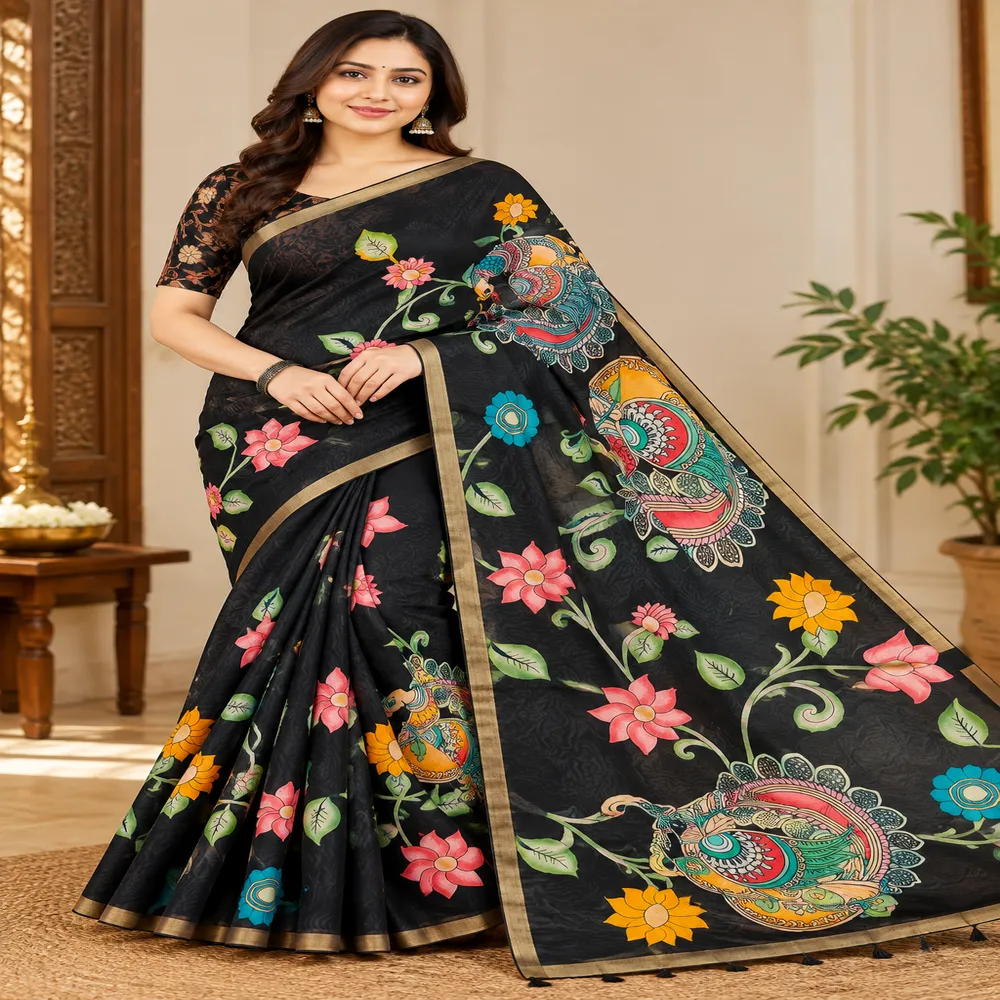 Chanderi Linen Saree with Weaving Border & Kalamkari Print