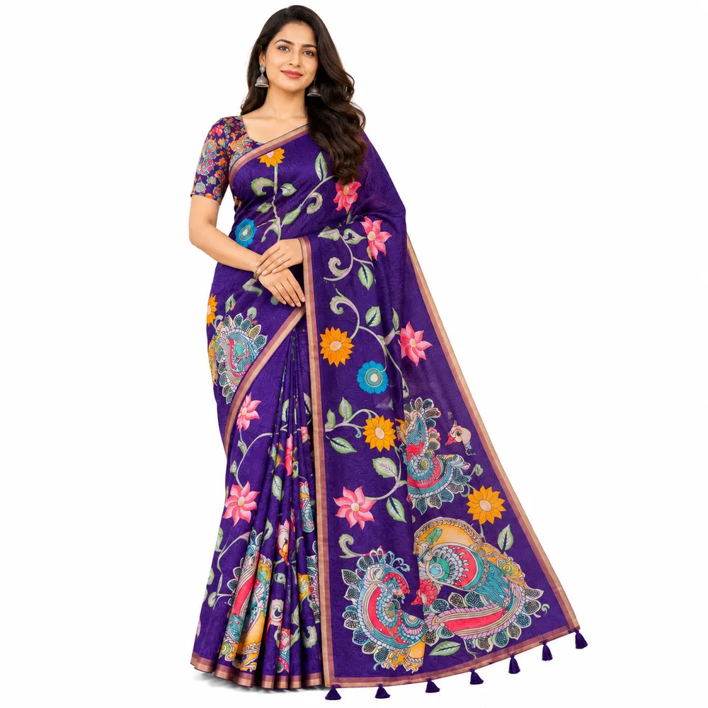 Purple Chanderi Linen Saree with Weaving Border & Kalamkari Print