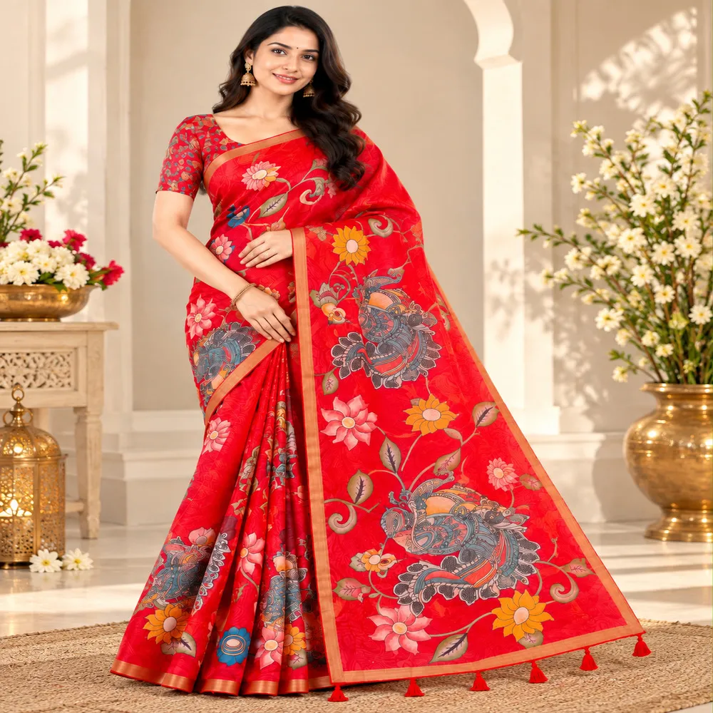 Red Chanderi Linen Saree with Weaving Border & Kalamkari Print