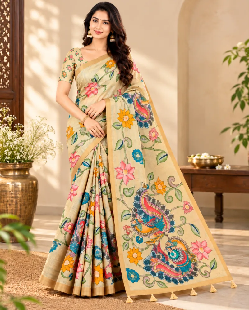 Cream Chanderi Linen Saree with Weaving Border & Kalamkari Print